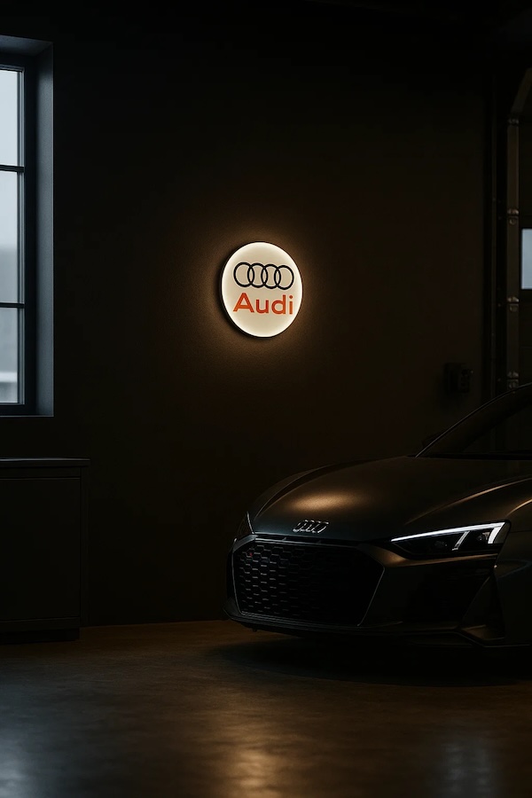 Audi Logo Leuchte mit LED Licht an einer schwarzen Wand in einer Garage / Werkstatt mit schwarzem R8
