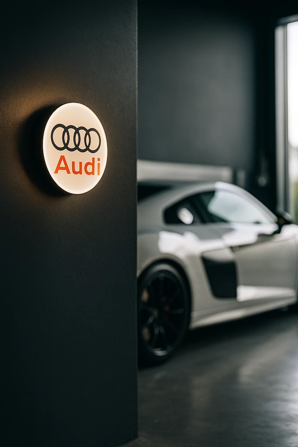 Audi Logo Leuchte mit LED Licht an einer schwarzen Wand in einer Garage / Werkstatt mit weißem R8