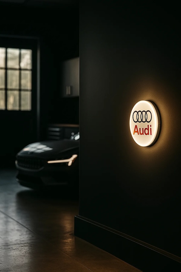 Audi Logo Leuchte mit LED Licht an einer schwarzen Wand in einer Garage / Werkstatt mit schwarzem Auto