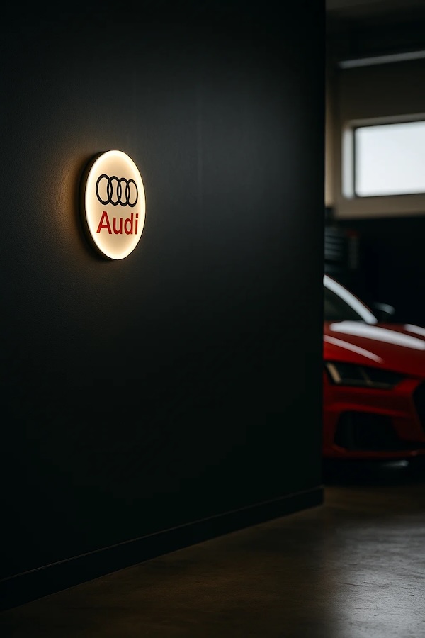 Audi Logo Leuchte mit LED Licht an einer schwarzen Wand in einer Garage / Werkstatt mit rotem Auto