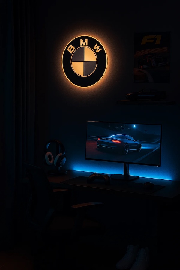 Runde BMW-Logo LED-Lampe mehrfarbig in einem Gaming-Zimmer
