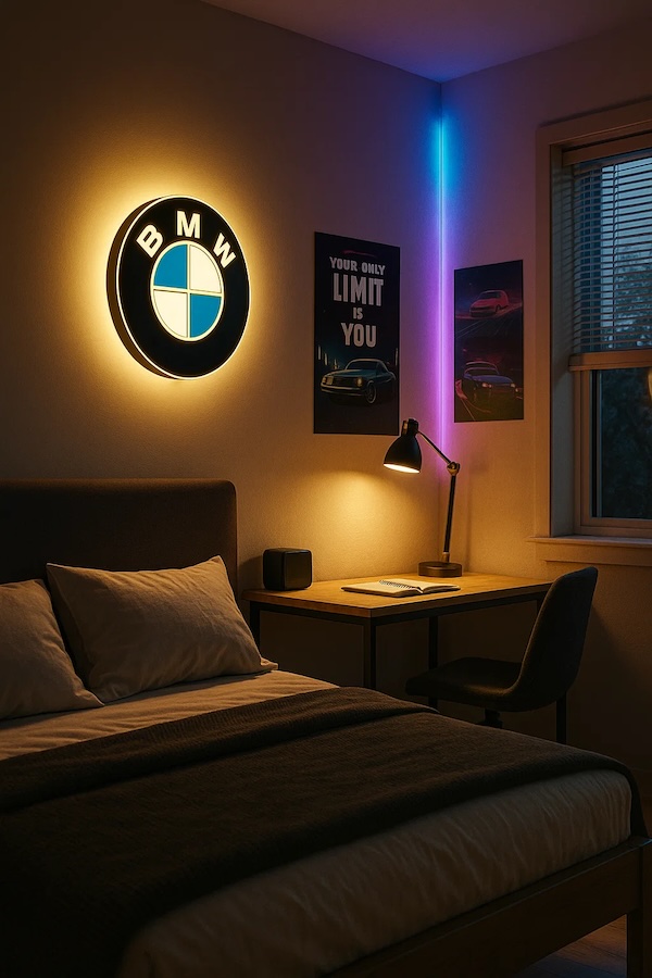 Runde BMW-Logo LED-Lampe in schwarz weiss blau in einem Zimmer รผber dem Bett und Schreibtisch