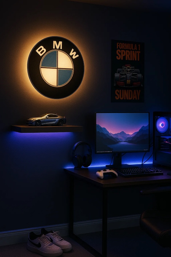 Runde BMW-Logo LED-Lampe in schwarz weiss blau in einem Gaming-Room