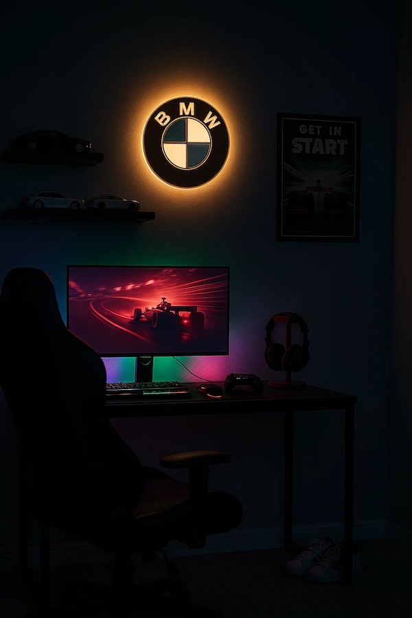 Runde BMW-Logo LED-Lampe mehrfarbig in einem Gaming-Zimmer