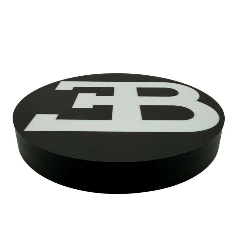 Runde Bugatti LED-Leuchte mit Logo in schwarz weiß