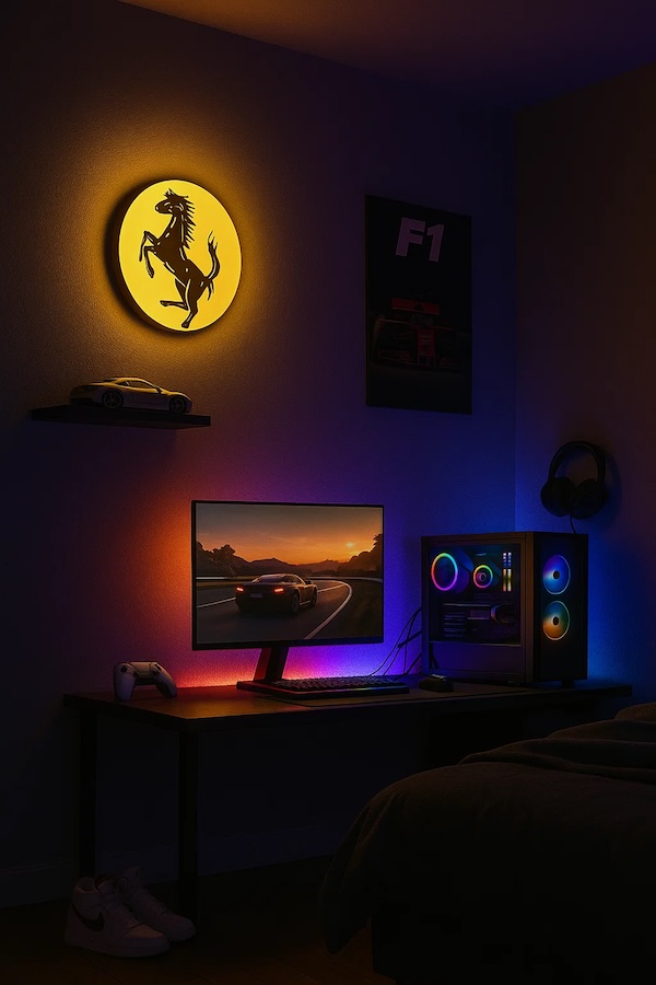 Runde Ferrari-Logo LED-Lampe in gelb schwarz in einem Gaming-Zimmer