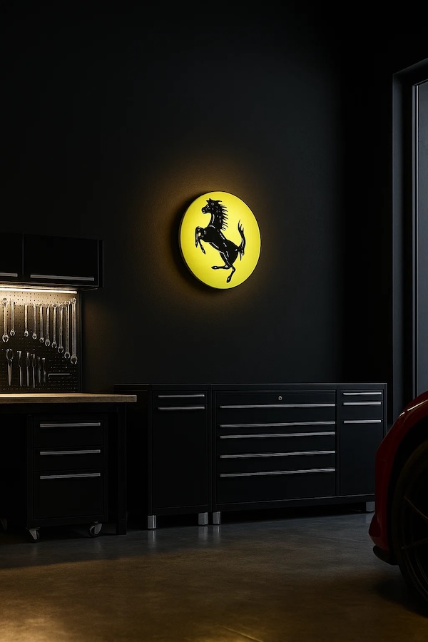 Beleuchtetes Ferrari-LED_Leuchte an einer grauen Wand in einer Werkstatt / Garage mit Werkzeug
