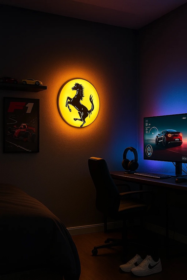 Runde Ferrari-Logo LED-Lampe in gelb schwarz in einem Gaming-Zimmer