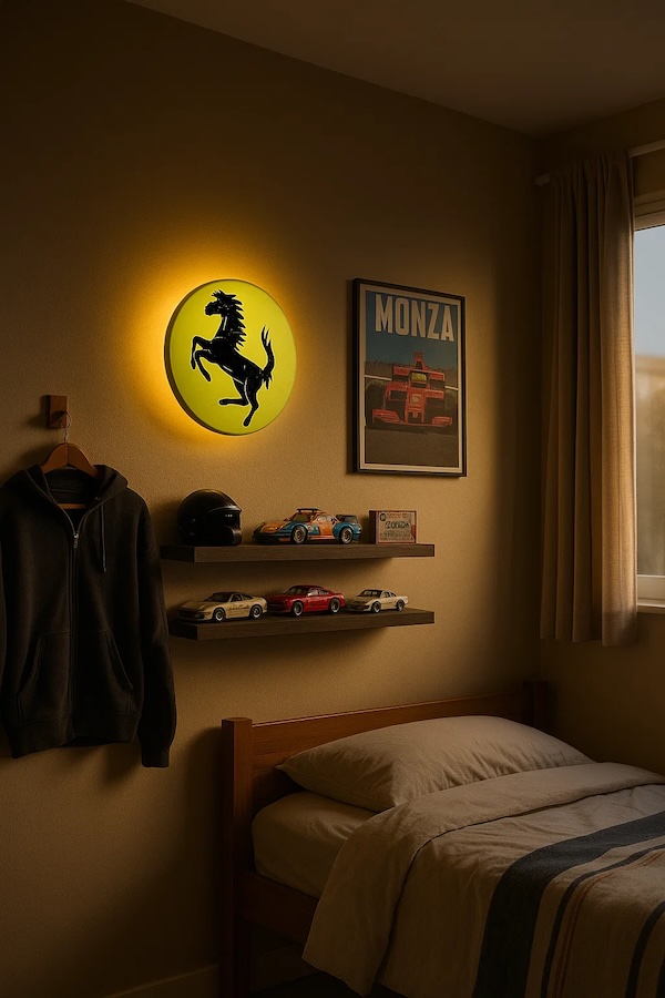 Runde Ferrari-Logo LED-Lampe in gelb schwarz in einem Kinder-/ Jugendzimmer