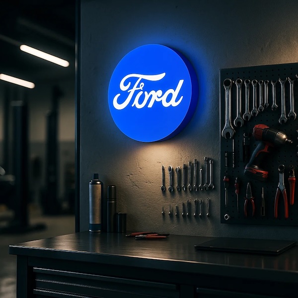 Beleuchtetes FORD-LED_Leuchte an einer grauen Wand in einer Werkstatt / Garage mit Werkzeug