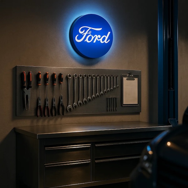 Beleuchtetes FORD-LED_Leuchte an einer grauen Wand in einer Werkstatt / Garage mit Werkzeug
