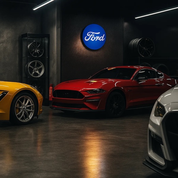 Beleuchtetes LED-Leuchte an einer grauen Wand in einer Werkstatt Garage mit einem roten Ford Mustang