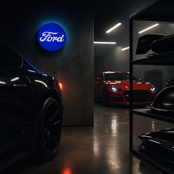 Beleuchtetes FORD-LED_Leuchte an einer grauen Wand in einer Werkstatt / Garage mit Autos