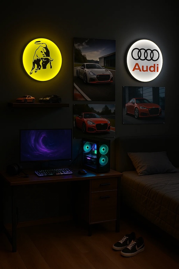 Runde Audi- und Lamborghini-Logo LED-Leuchte beleuchtet in einem dunklen Gaming Zimmer