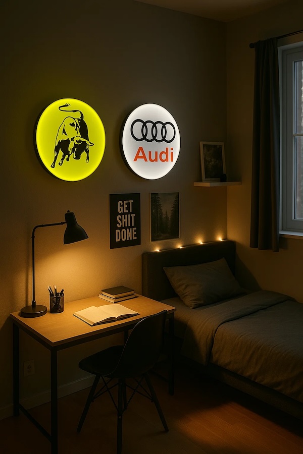 Beleuchtete runde Audi- und Lamborghini-Logo LED-Lampe hรคngend an einer Wand in einem dunklen Raum รผber einem grauen Bett und einem Schreibtisch