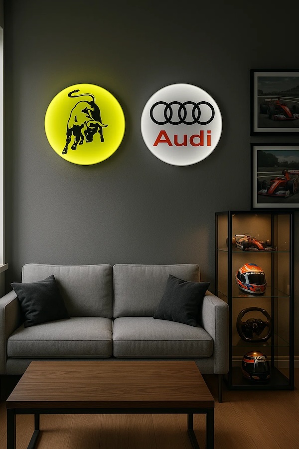 Runde Audi- und Lamborghini-Logo LED-Leuchte beleuchtet in einem Raum über einer grauen Couch neben einer Vitrine