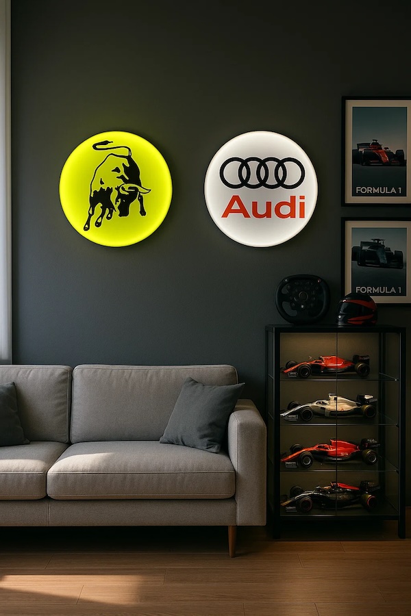 Runde Audi- und Lamborghini-Logo LED-Leuchte beleuchtet in einem Raum รผber einer grauen Couch neben einer Vitrine
