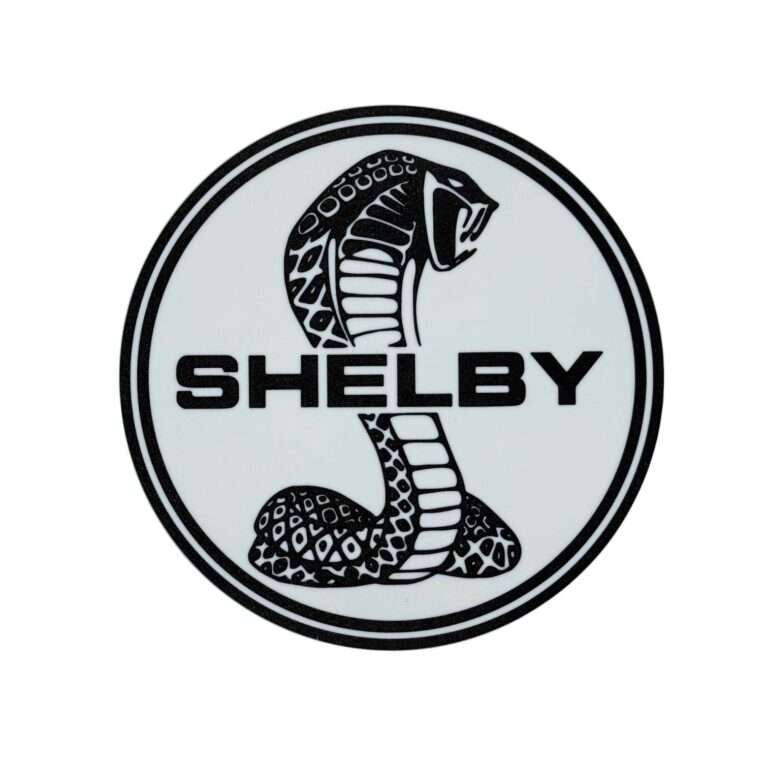 Runde Shelby LED-Lampe mit Logo in schwarz weiß beleuchtet