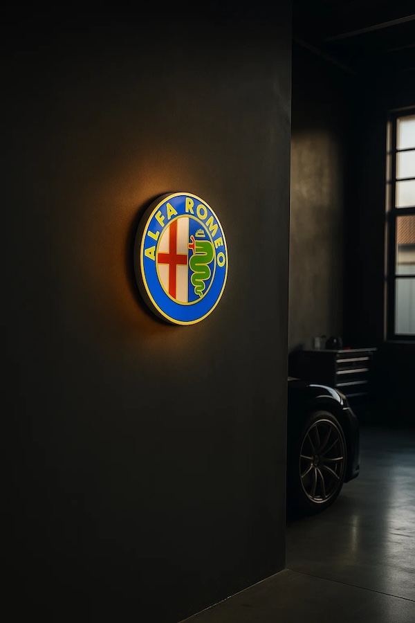 Runde Alfa Romeo Logo LED-Leuchte beleuchtet in einer dunklen Garage / Werkstatt