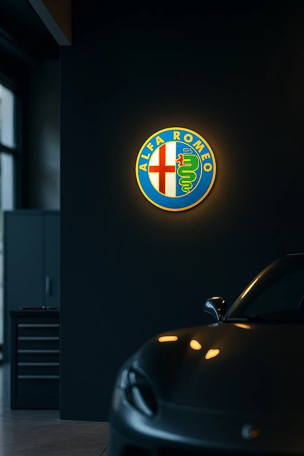 Runde Alfa Romeo Logo LED-Leuchte beleuchtet in einer dunklen Garage / Werkstatt
