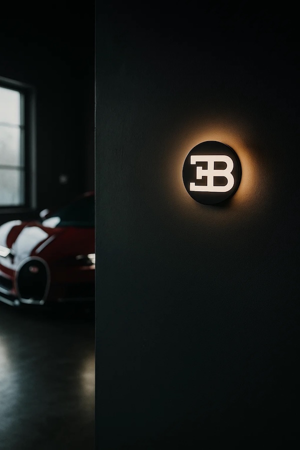 Runde Bugatti EB Logo LED-Leuchte beleuchtet in einer dunklen Garage / Werkstatt