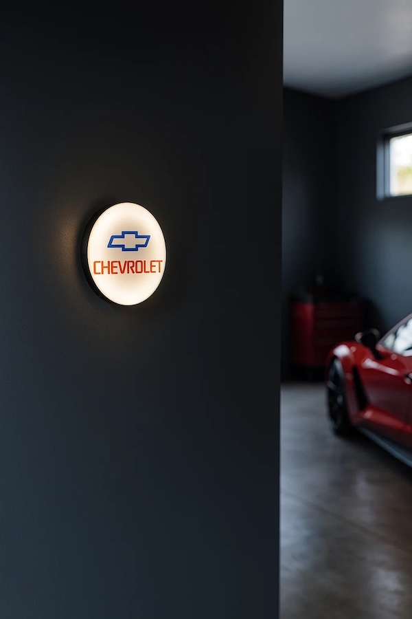 Runde Chevrolet Logo LED-Leuchte beleuchtet in einer dunklen Garage / Werkstatt