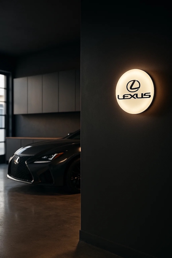 Runde Lexus Logo LED-Leuchte beleuchtet in einer dunklen Garage / Werkstatt