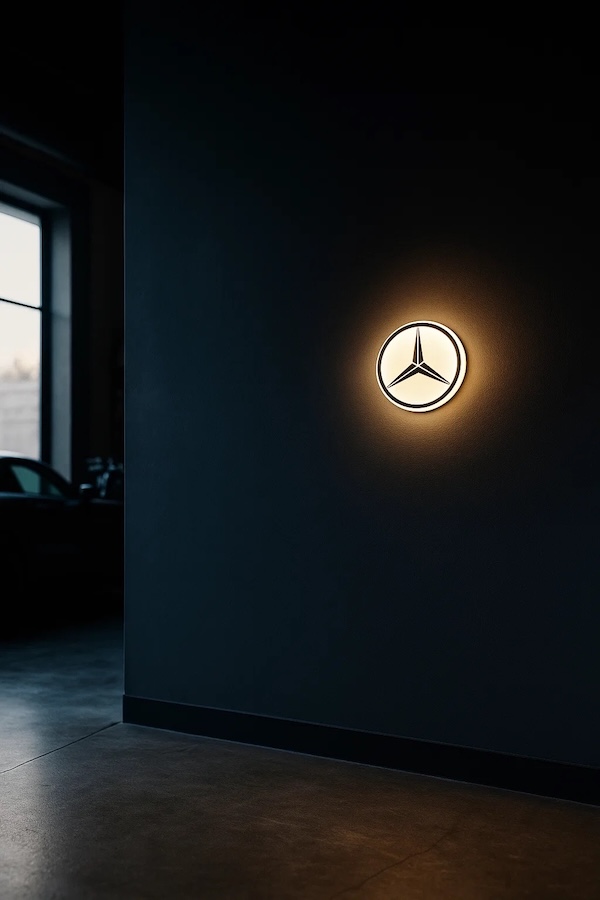 Runde Mercedes-Benz Logo LED-Leuchte beleuchtet in einer dunklen Garage / Werkstatt