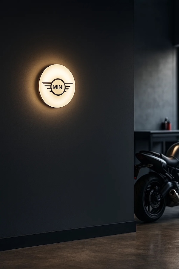 Runde MINI Logo LED-Leuchte beleuchtet in einer dunklen Garage / Werkstatt
