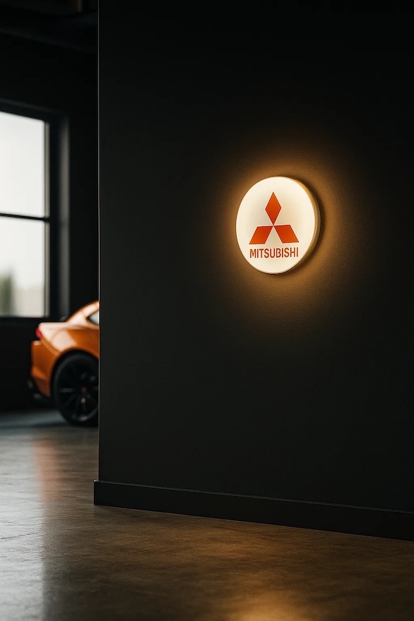 Runde Mitsubishi Logo LED-Leuchte beleuchtet in einer dunklen Garage / Werkstatt