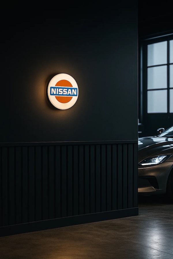 Runde Nissan Logo LED-Leuchte beleuchtet in einer dunklen Garage / Werkstatt