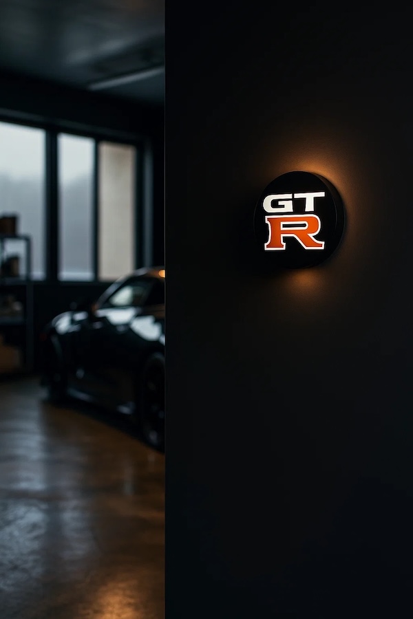 Runde Nissan GT R Logo LED-Leuchte beleuchtet in einer dunklen Garage / Werkstatt