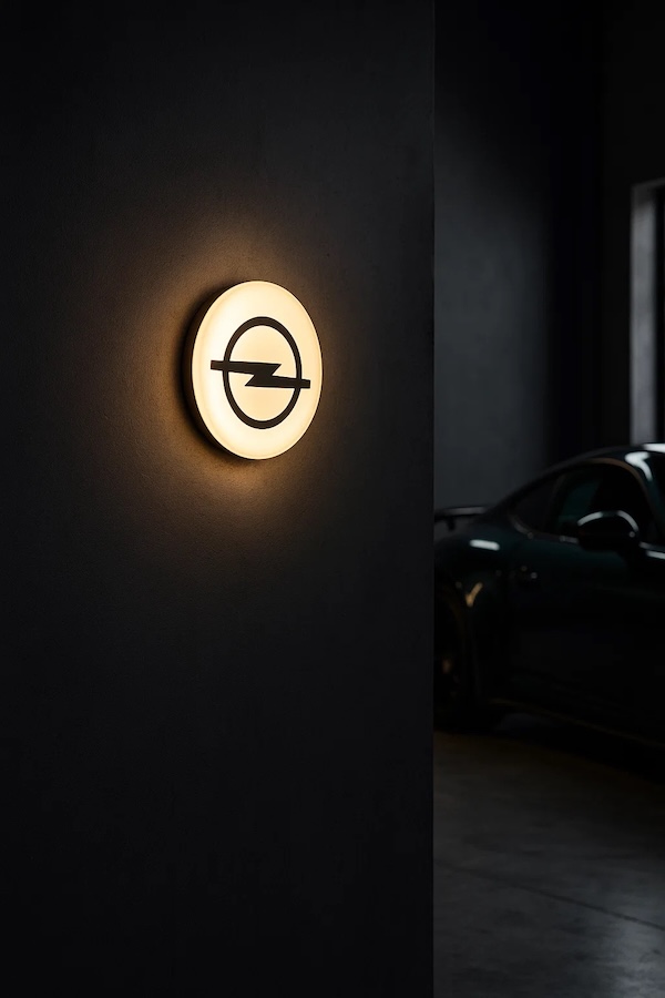 Runde Opel Logo LED-Leuchte beleuchtet in einer dunklen Garage / Werkstatt