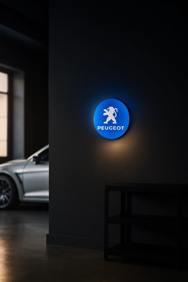 Runde Peugeot Logo LED-Leuchte beleuchtet in einer dunklen Garage / Werkstatt