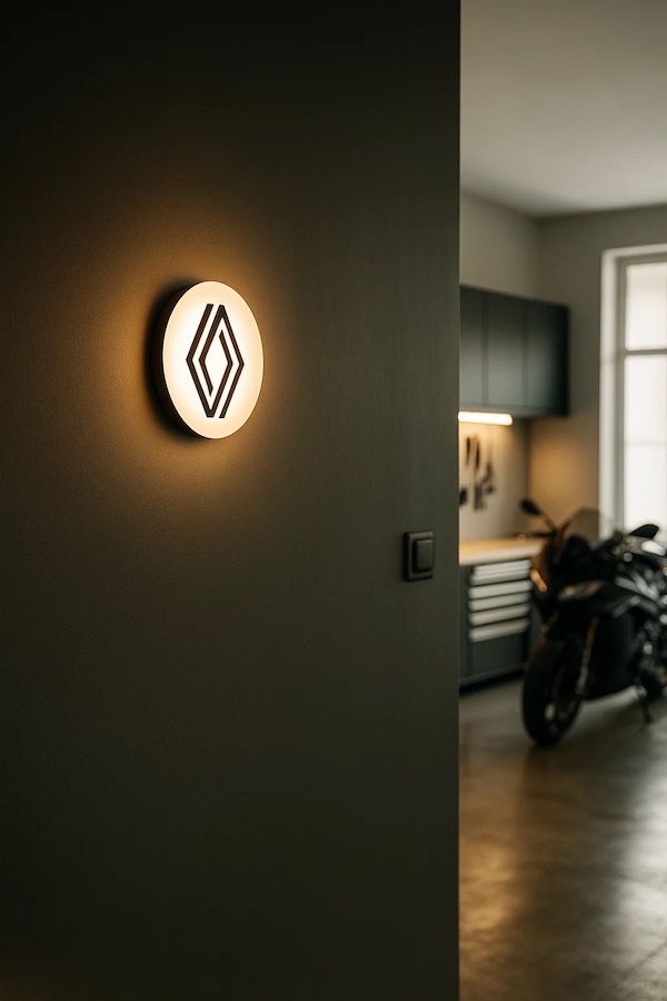 Runde Renault Logo LED-Leuchte beleuchtet in einer dunklen Garage / Werkstatt