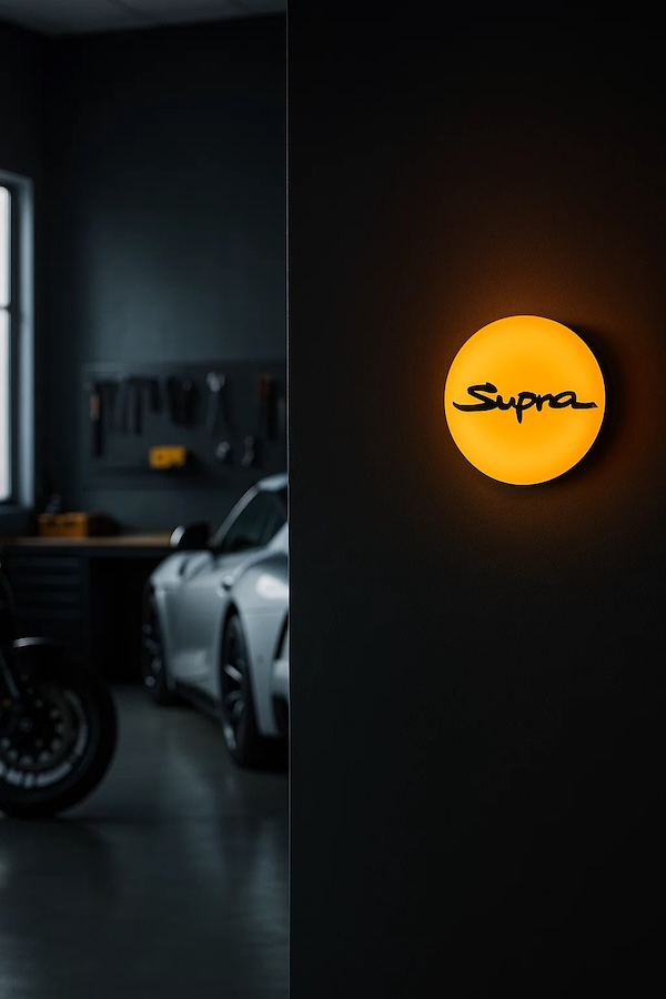 Runde Toyota Supra Logo LED-Leuchte beleuchtet in einer dunklen Garage / Werkstatt
