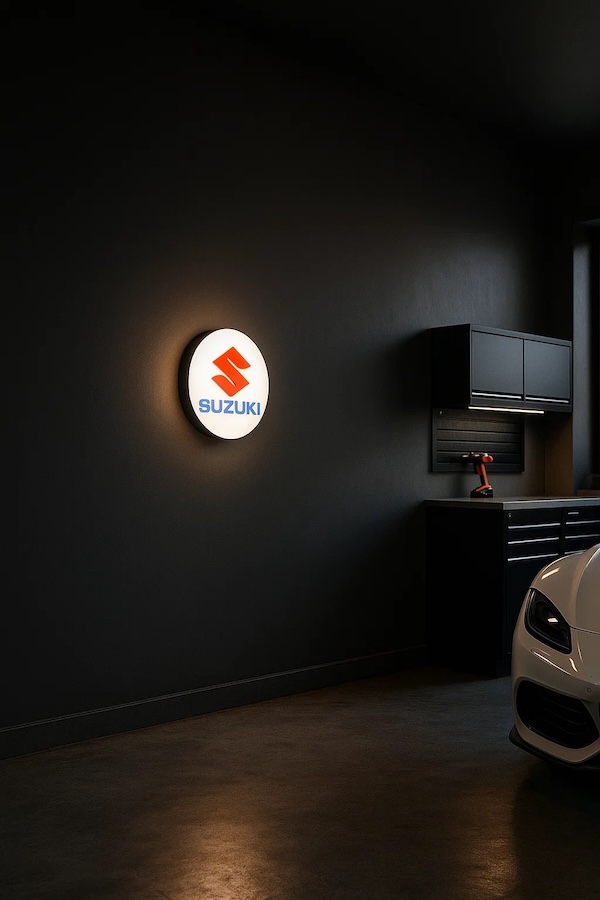 Runde Suzuki Logo LED-Leuchte beleuchtet in einer dunklen Garage / Werkstatt