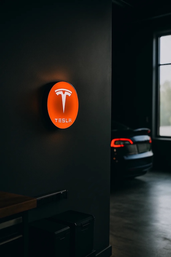 Runde Tesla Logo LED-Leuchte beleuchtet in einer dunklen Garage / Werkstatt