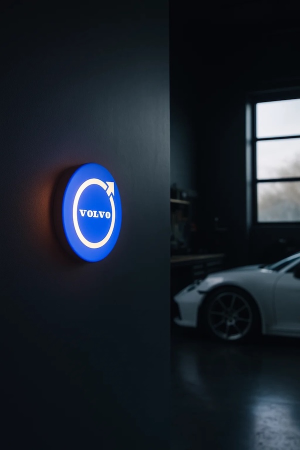 Runde Volvo Logo LED-Leuchte beleuchtet in einer dunklen Garage / Werkstatt