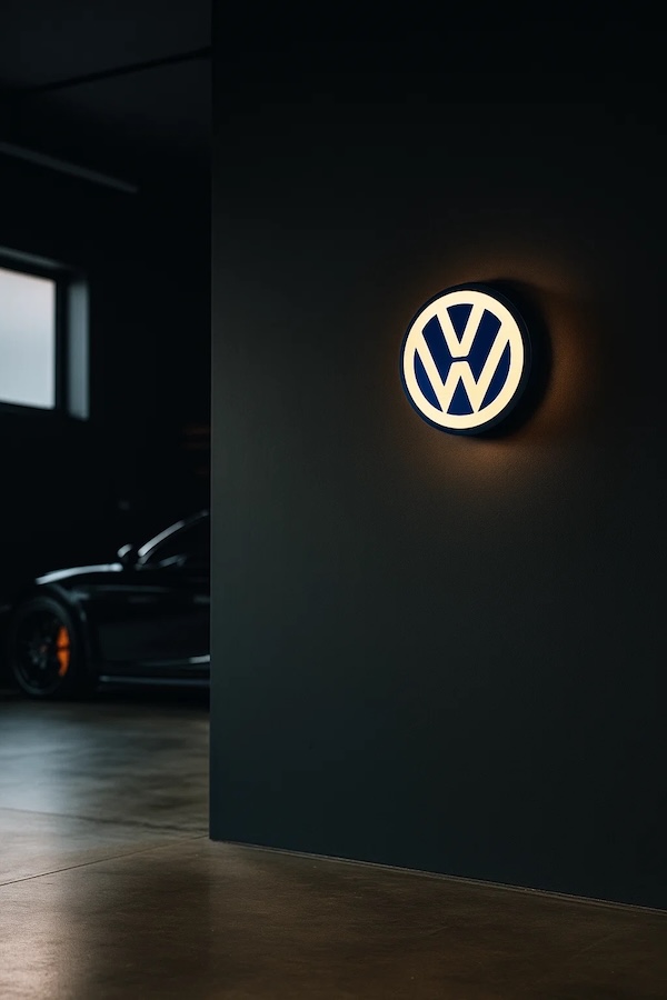 Runde VW Volkswagen Logo LED-Leuchte beleuchtet in einer dunklen Garage / Werkstatt