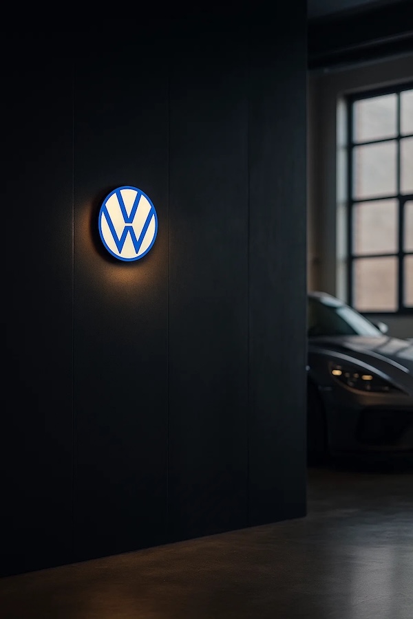 Runde VW Volkswagen Logo LED-Leuchte beleuchtet in einer dunklen Garage / Werkstatt